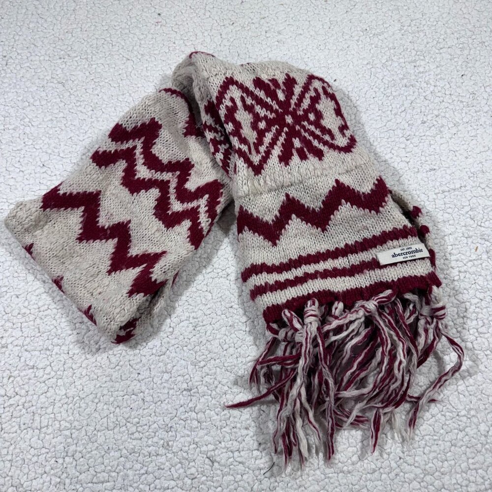 Abercrombie & Fitch Fair Isle Wool Blend Knit Scarf Red White Fringe